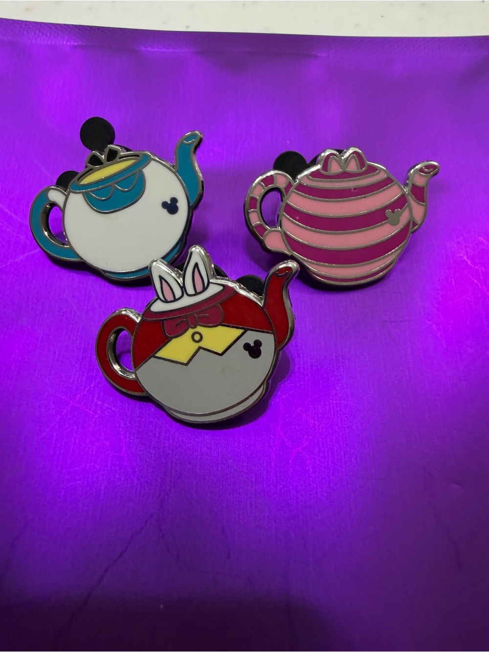 Disney Tea Party Enamel Pin Set - Pink, Red & Teal Teapots